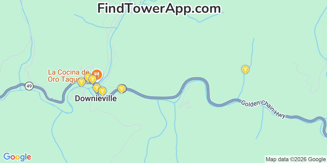 Map showing the 20 primary cell tower locations detected in Downieville, California from AT&T, Verizon, and T-Mobile networks