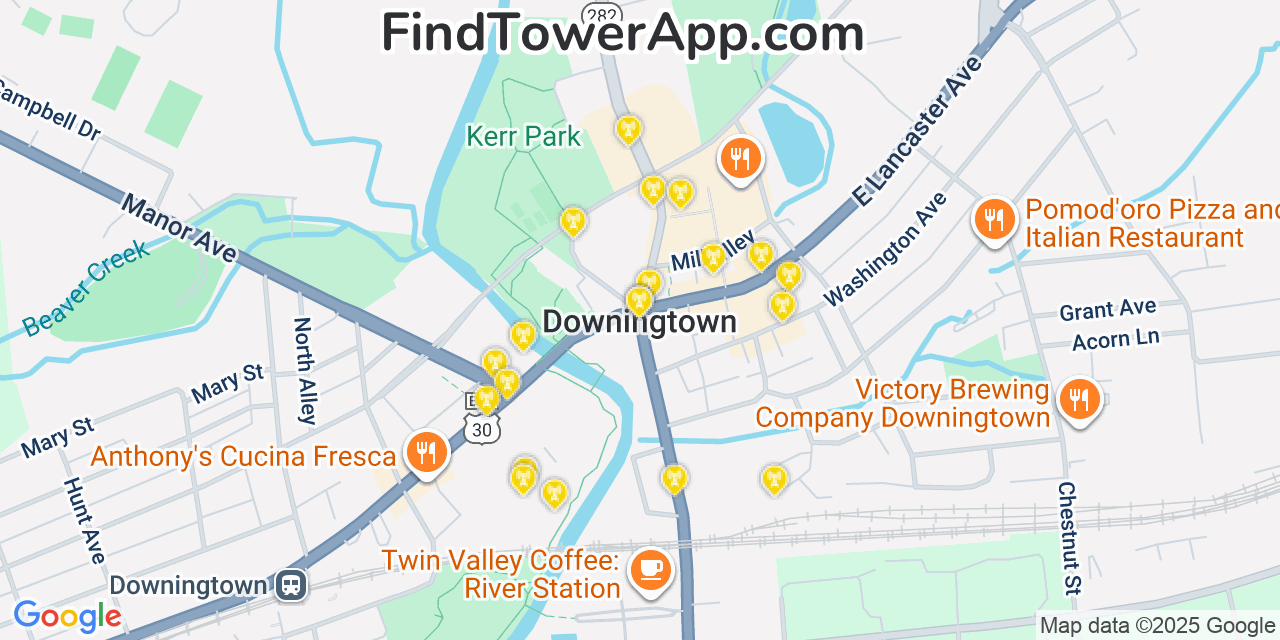 Map showing the 20 primary cell tower locations detected in Downingtown, Pennsylvania from AT&T, Verizon, and T-Mobile networks