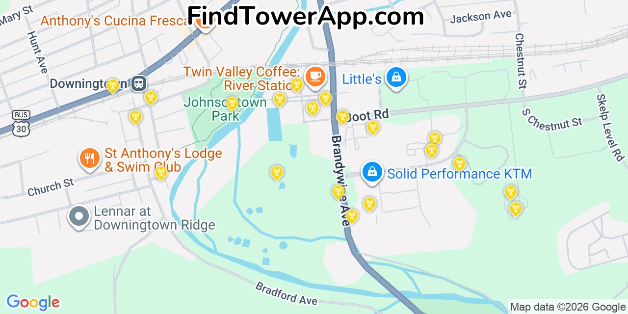 Map showing the 20 primary cell tower locations detected in Downingtown, Pennsylvania from AT&T, Verizon, and T-Mobile networks
