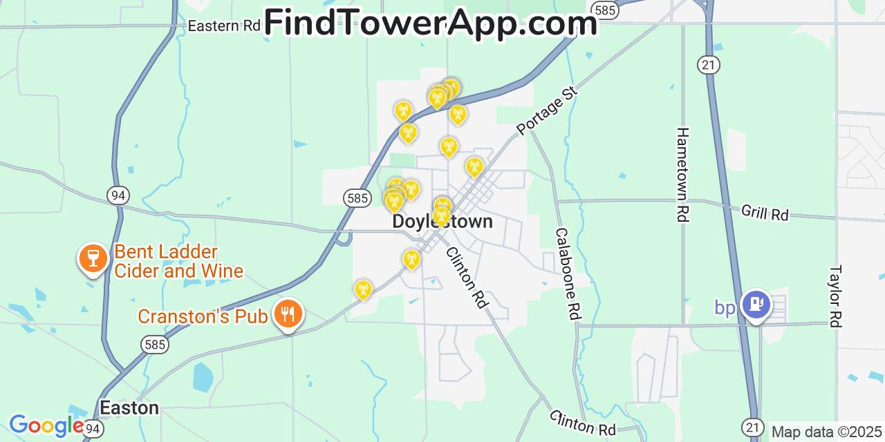 Map showing the 20 primary cell tower locations detected in Doylestown, Ohio from AT&T, Verizon, and T-Mobile networks