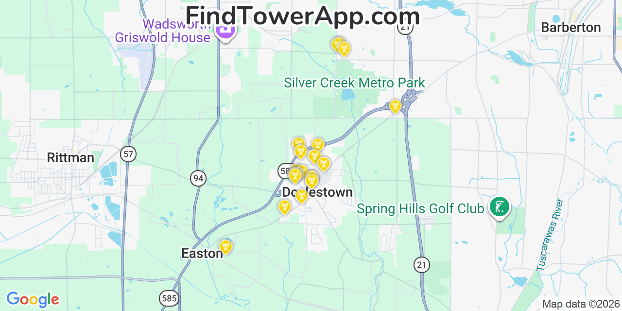 Map showing the 20 primary cell tower locations detected in Doylestown, Ohio from AT&T, Verizon, and T-Mobile networks