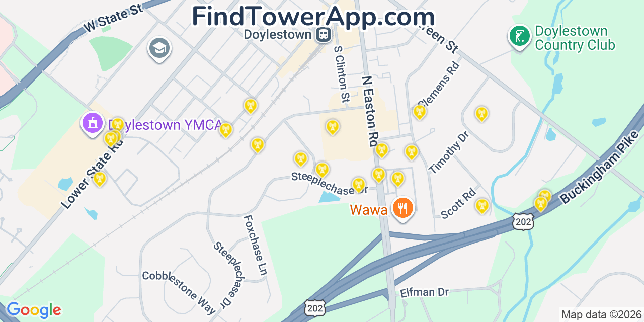 Map showing the 20 primary cell tower locations detected in Doylestown, Pennsylvania from AT&T, Verizon, and T-Mobile networks