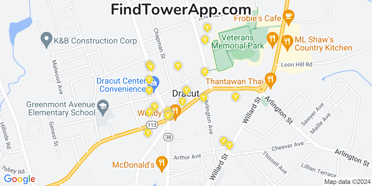 AT&T 4G/5G cell tower coverage map Dracut, Massachusetts