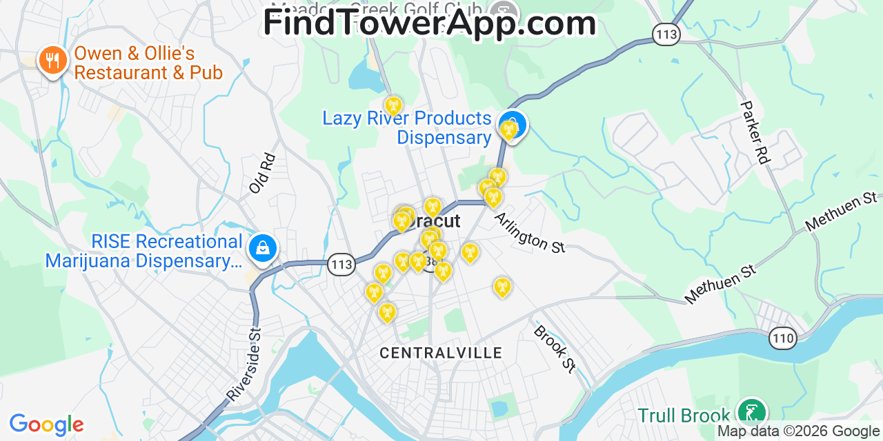 Map showing the 20 primary cell tower locations detected in Dracut, Massachusetts from AT&T, Verizon, and T-Mobile networks