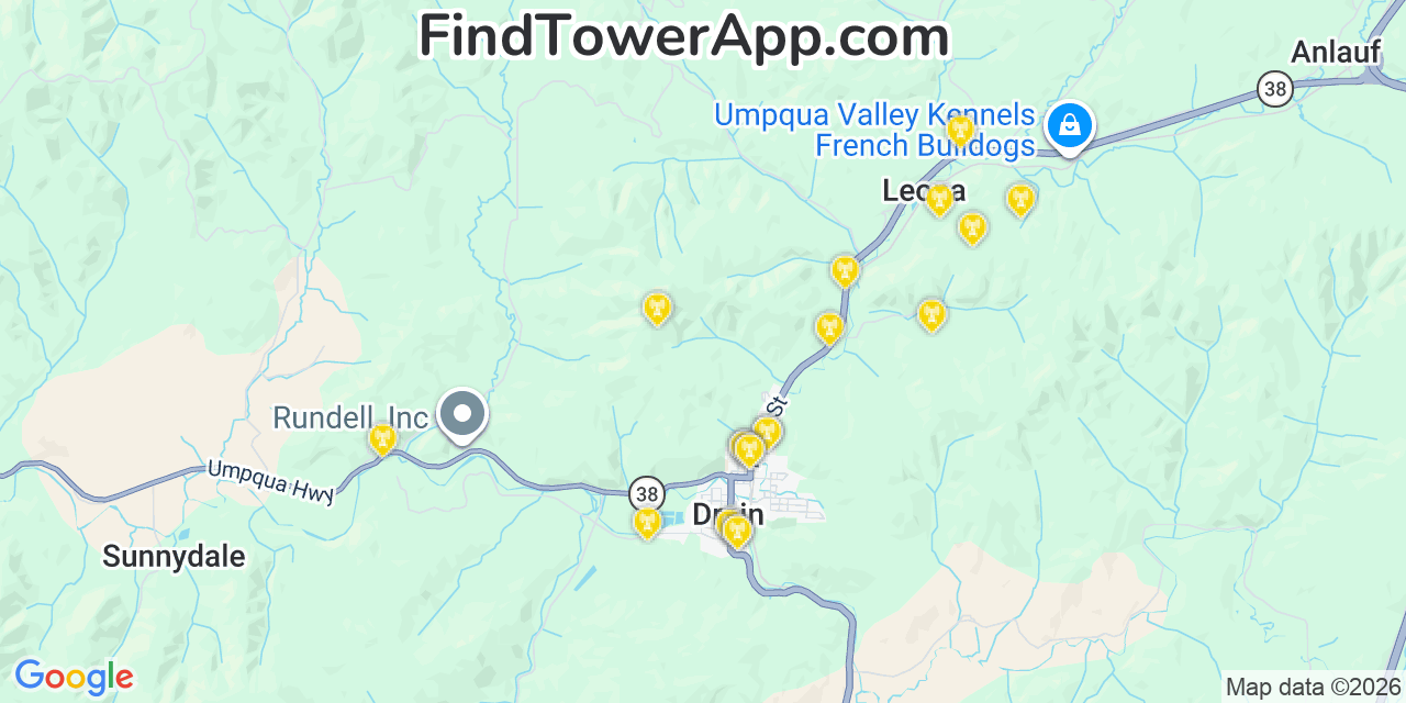 Map showing the 20 primary cell tower locations detected in Drain, Oregon from AT&T, Verizon, and T-Mobile networks