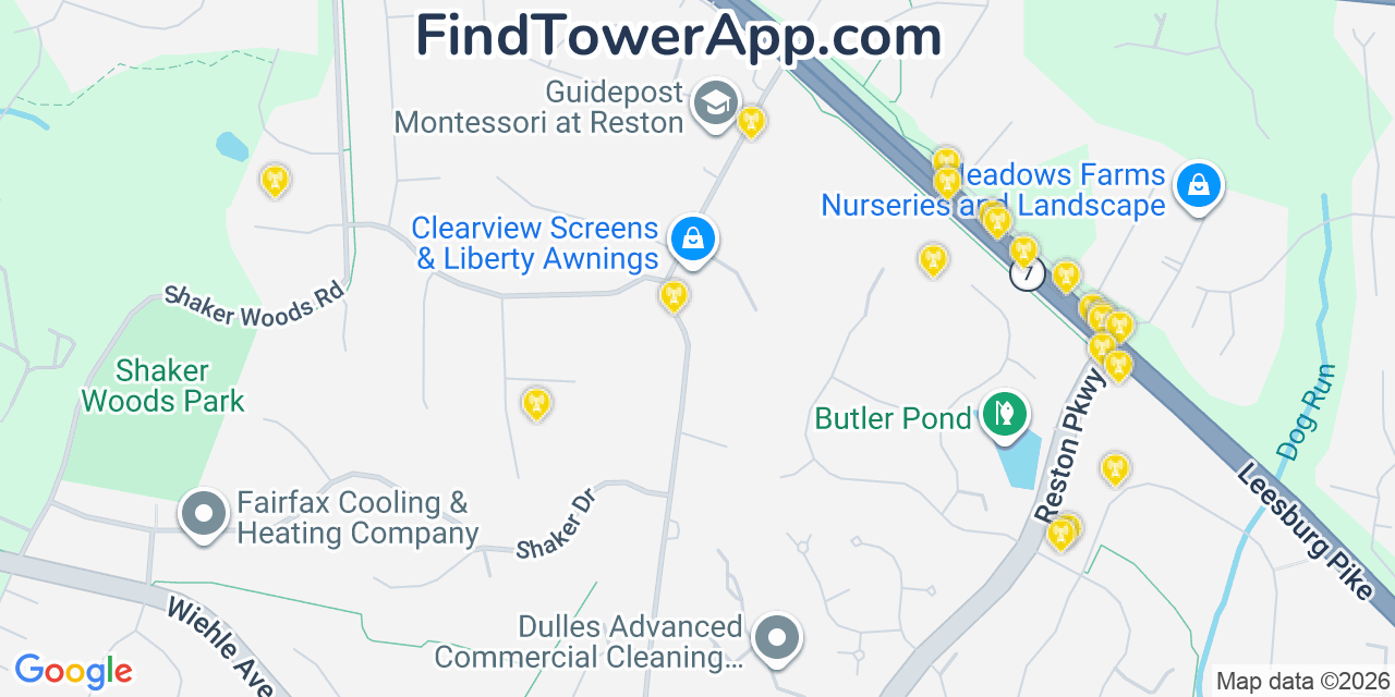 Map showing the 20 primary cell tower locations detected in Dranesville, Virginia from AT&T, Verizon, and T-Mobile networks