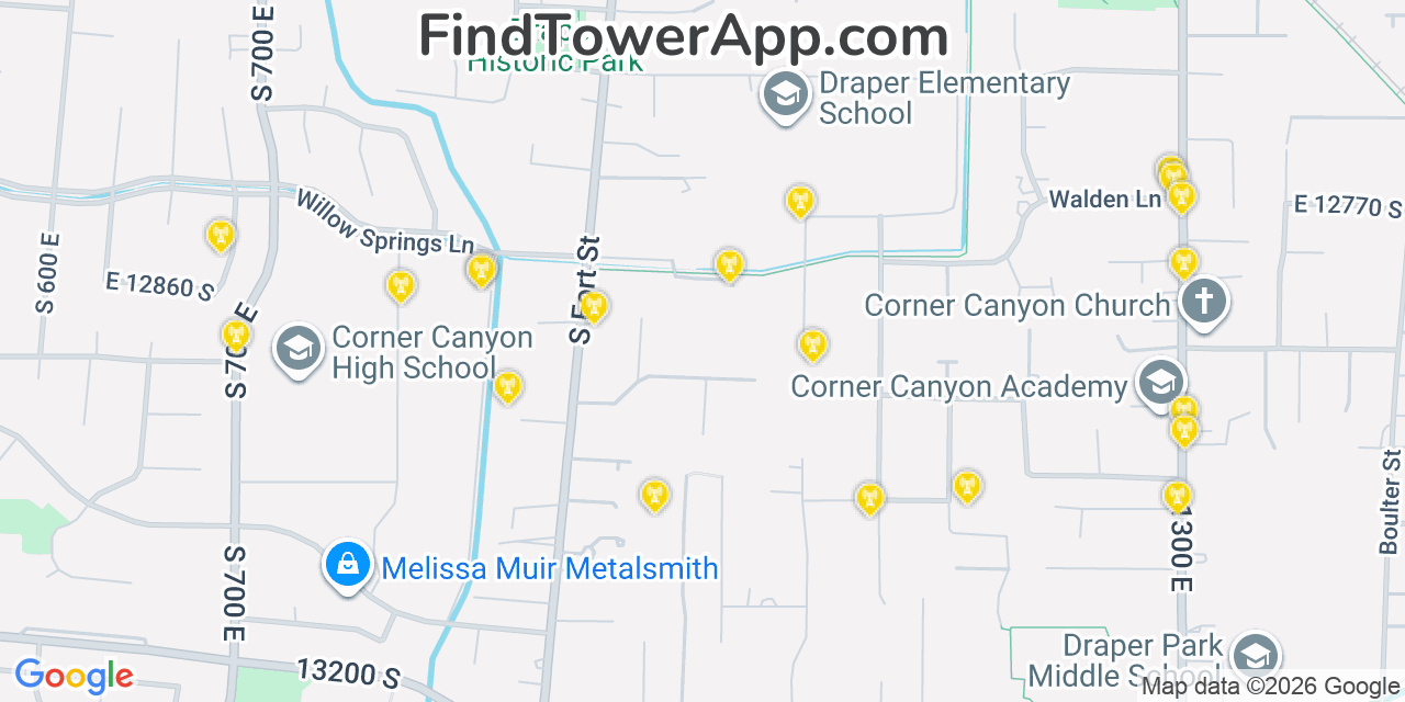 Map showing the 20 primary cell tower locations detected in Draper, Utah from AT&T, Verizon, and T-Mobile networks