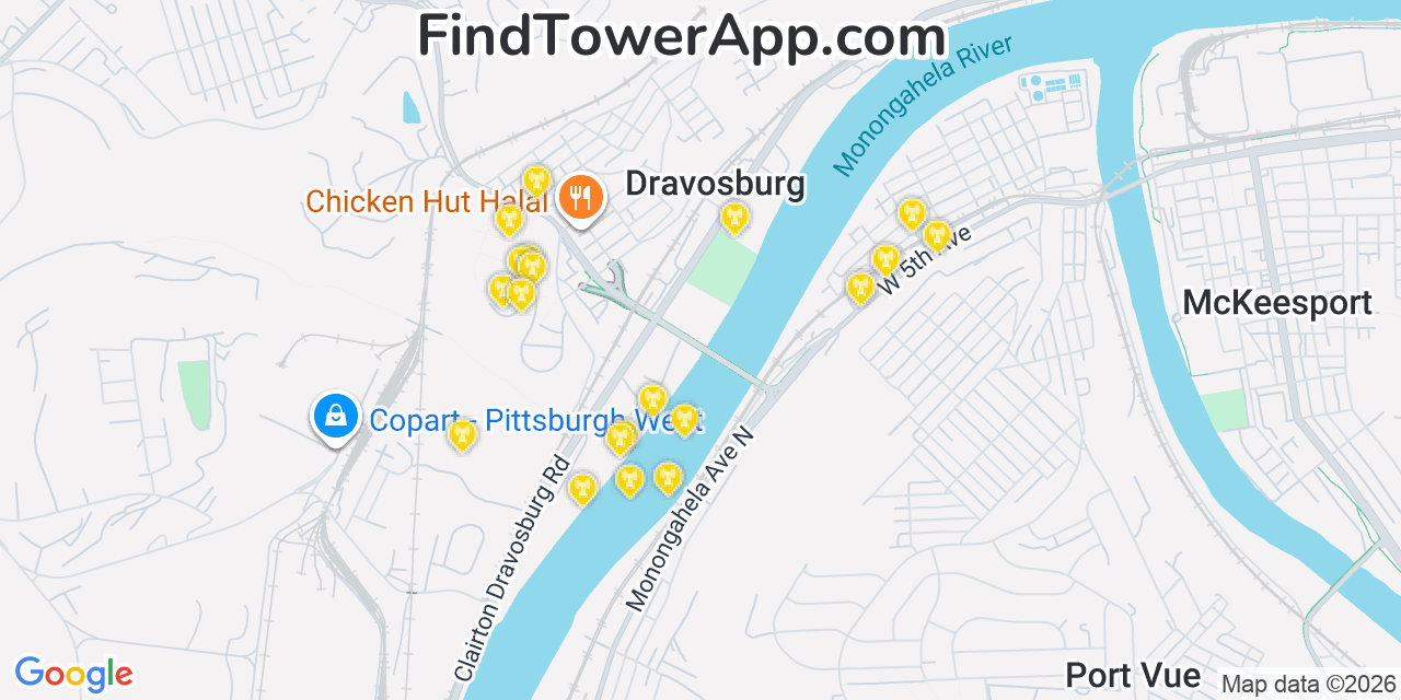 Map showing the 20 primary cell tower locations detected in Dravosburg, Pennsylvania from AT&T, Verizon, and T-Mobile networks