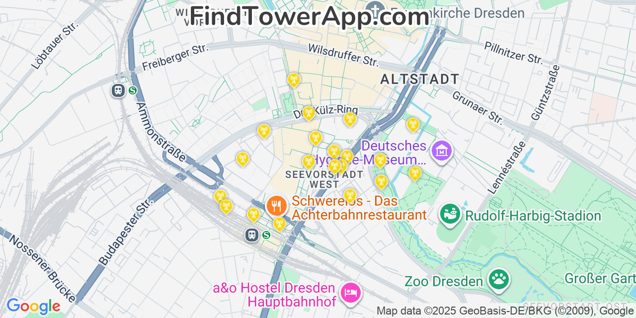 Map showing the 20 primary cell tower locations detected in Dresden, Germany with coverage areas and signal strength