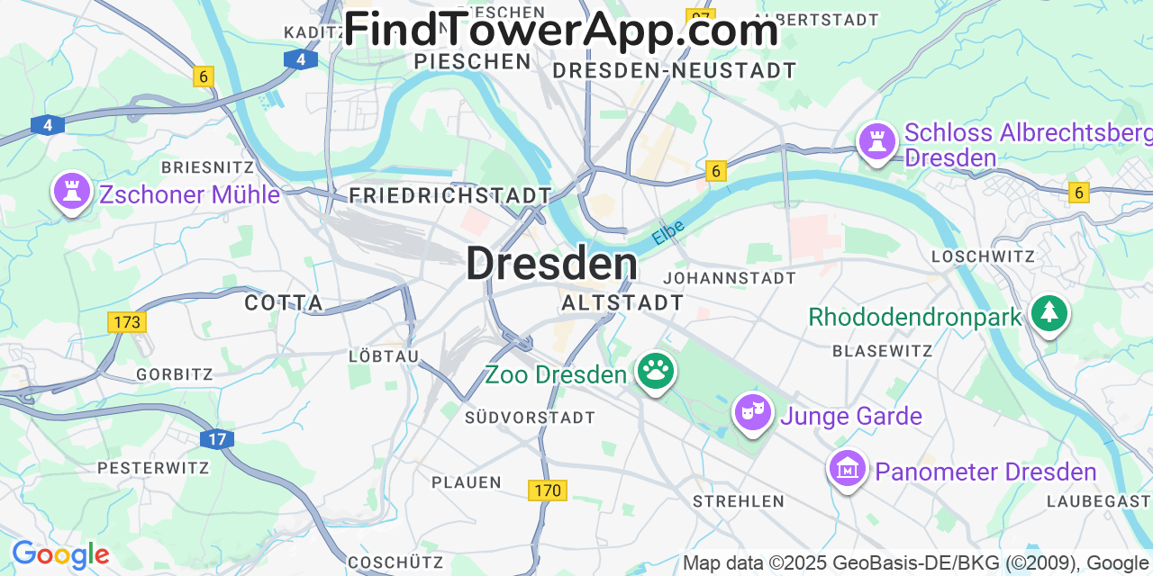 Map showing the 0 primary Vodafone cell tower locations detected in Dresden, Germany with coverage radius and signal strength indicators