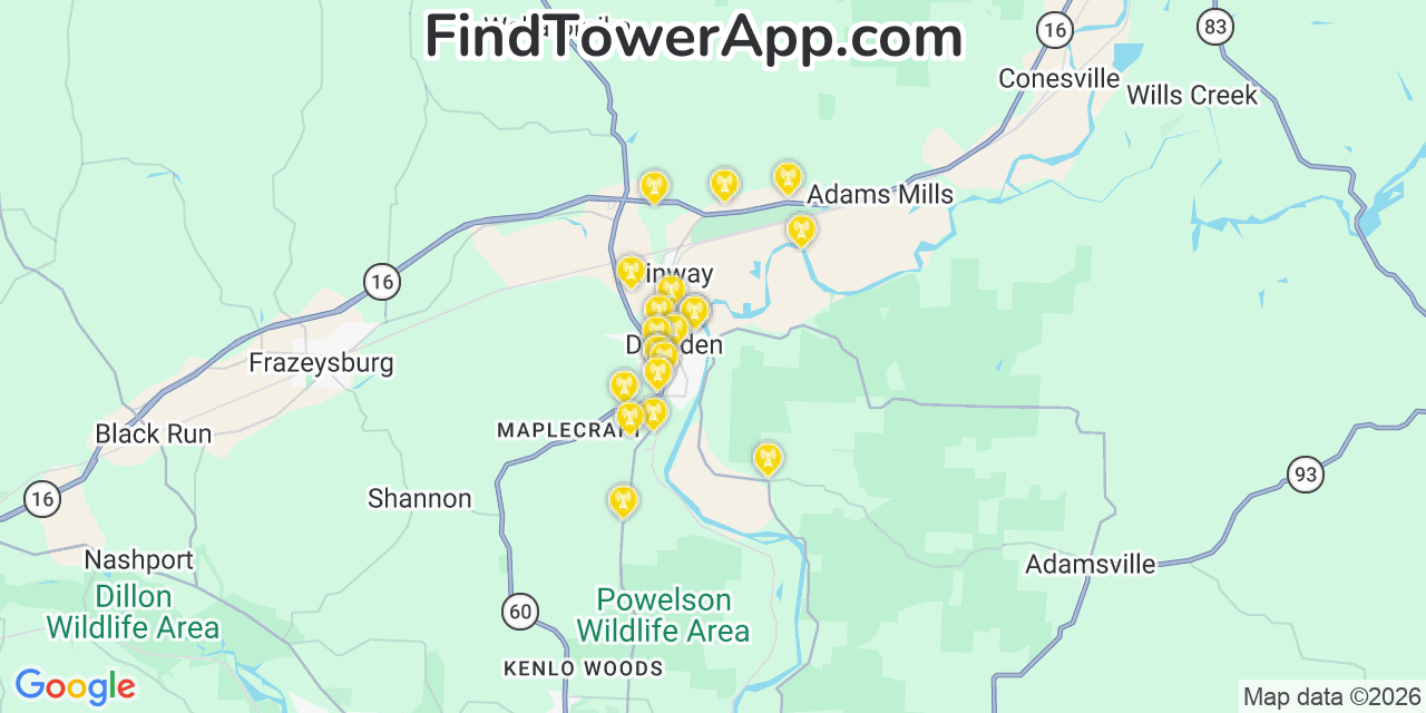 Map showing the 20 primary cell tower locations detected in Dresden, Ohio from AT&T, Verizon, and T-Mobile networks