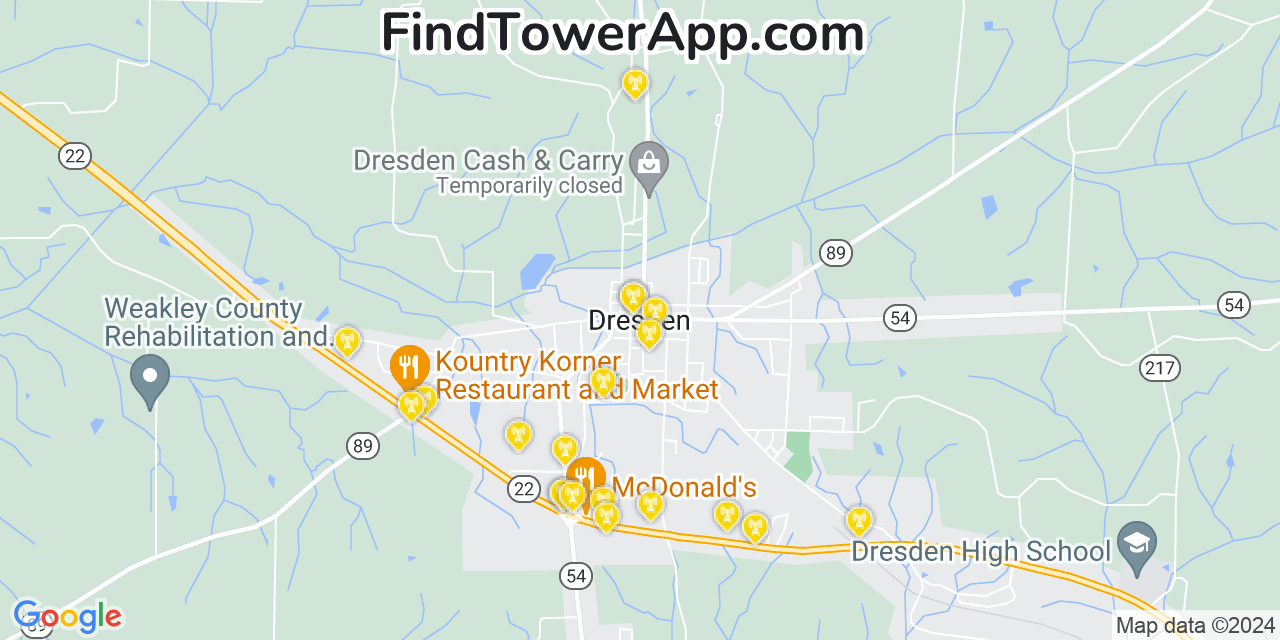 AT&T 4G/5G cell tower coverage map Dresden, Tennessee