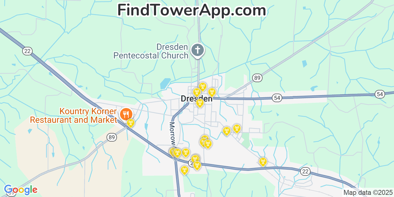 Map showing the 20 primary cell tower locations detected in Dresden, Tennessee from AT&T, Verizon, and T-Mobile networks
