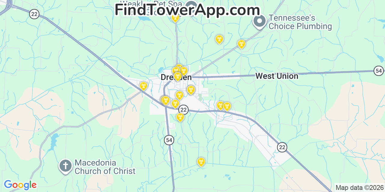Map showing the 20 primary cell tower locations detected in Dresden, Tennessee from AT&T, Verizon, and T-Mobile networks