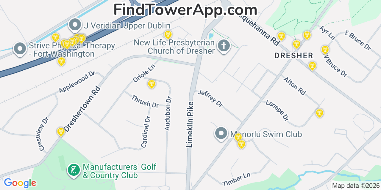 Map showing the 20 primary cell tower locations detected in Dresher, Pennsylvania from AT&T, Verizon, and T-Mobile networks