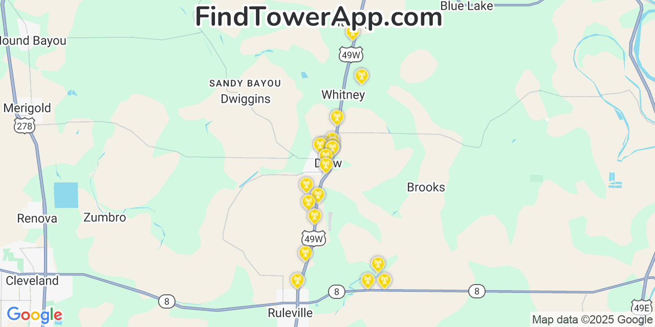 Map showing the 20 primary cell tower locations detected in Drew, Mississippi from AT&T, Verizon, and T-Mobile networks