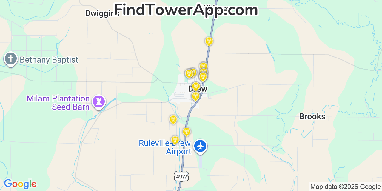 Map showing the 20 primary cell tower locations detected in Drew, Mississippi from AT&T, Verizon, and T-Mobile networks