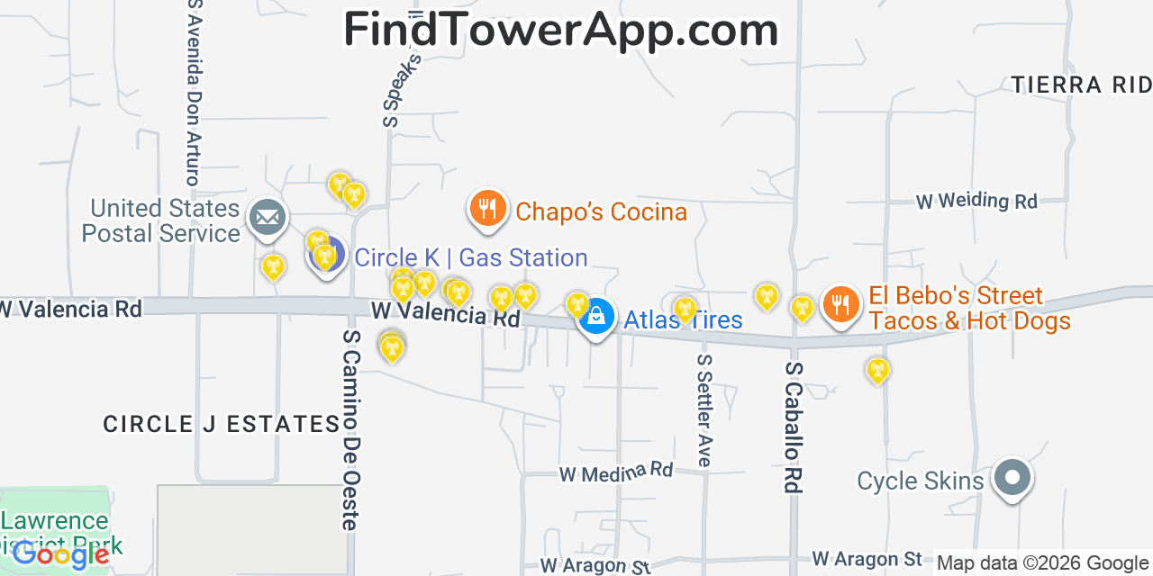 Map showing the 20 primary cell tower locations detected in Drexel Heights, Arizona from AT&T, Verizon, and T-Mobile networks