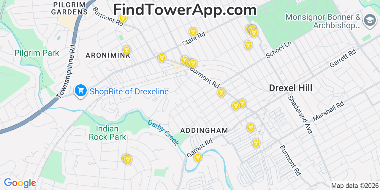 Map showing the 20 primary cell tower locations detected in Drexel Hill, Pennsylvania from AT&T, Verizon, and T-Mobile networks
