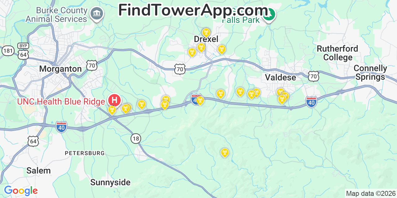 Map showing the 20 primary cell tower locations detected in Drexel, North Carolina from AT&T, Verizon, and T-Mobile networks