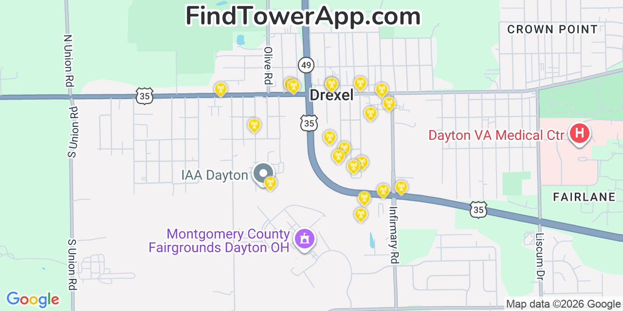 Map showing the 20 primary cell tower locations detected in Drexel, Ohio from AT&T, Verizon, and T-Mobile networks