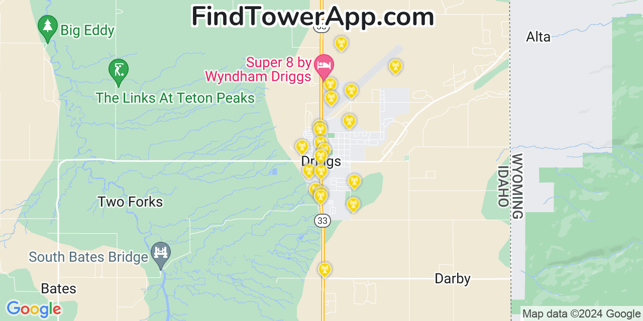 AT&T 4G/5G cell tower coverage map Driggs, Idaho