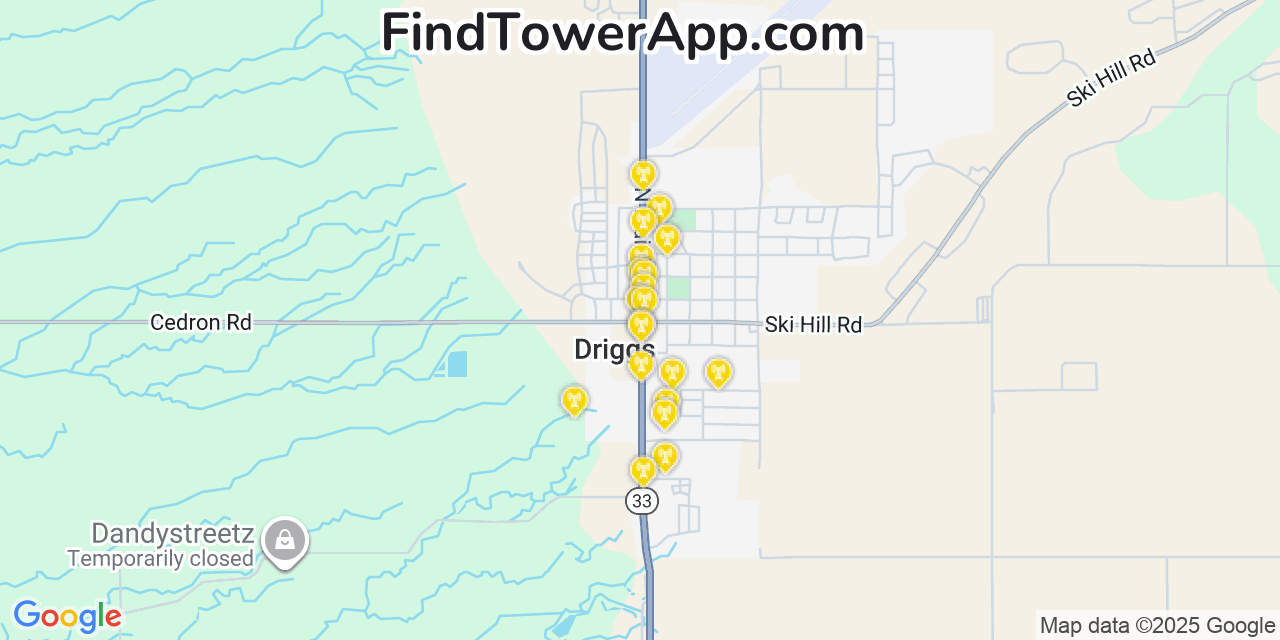 Map showing the 20 primary cell tower locations detected in Driggs, Idaho from AT&T, Verizon, and T-Mobile networks