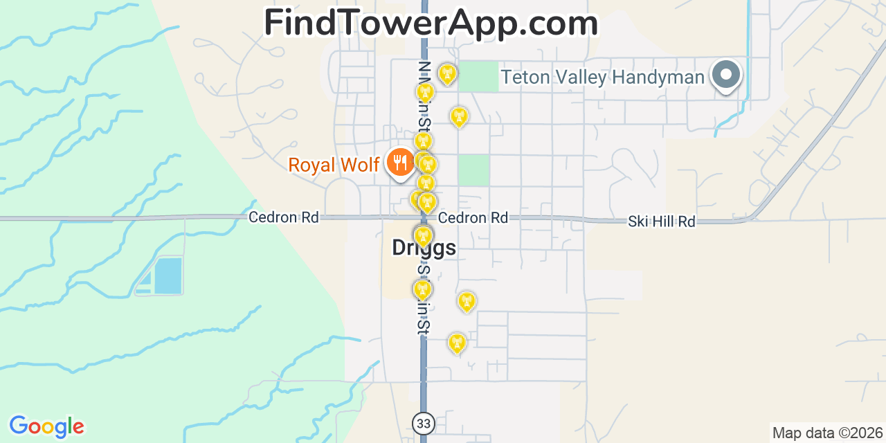 Map showing the 20 primary cell tower locations detected in Driggs, Idaho from AT&T, Verizon, and T-Mobile networks