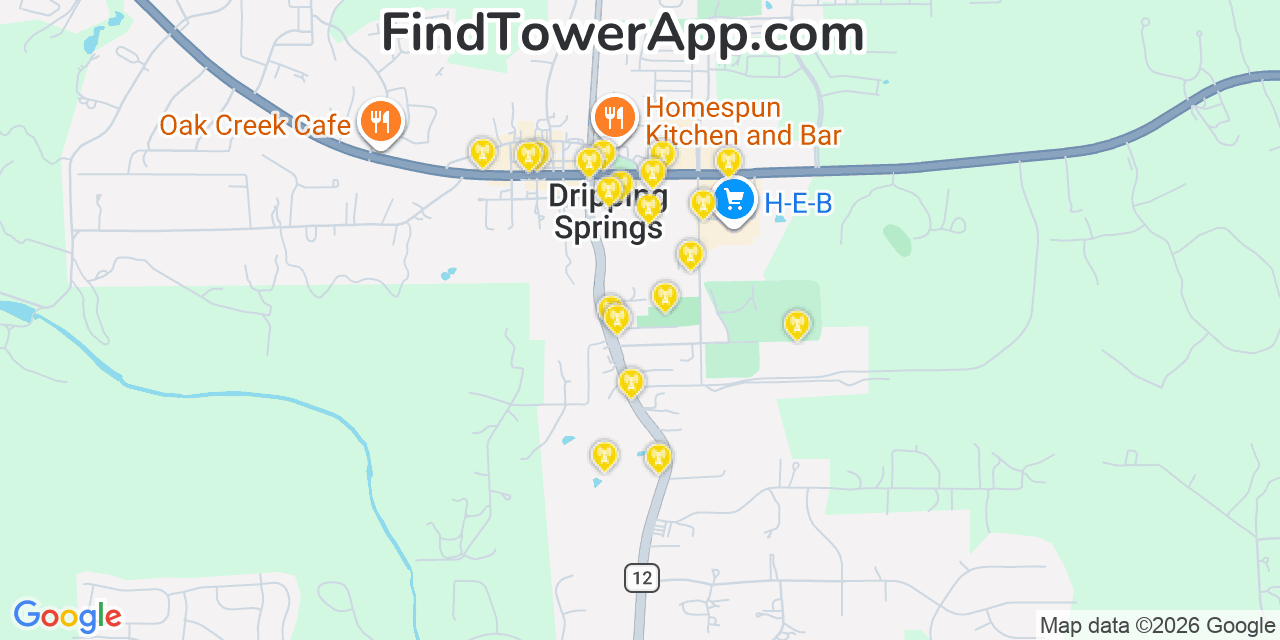 Map showing the 20 primary cell tower locations detected in Dripping Springs, Texas from AT&T, Verizon, and T-Mobile networks