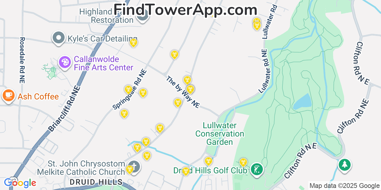Map showing the 20 primary cell tower locations detected in Druid Hills, Georgia from AT&T, Verizon, and T-Mobile networks