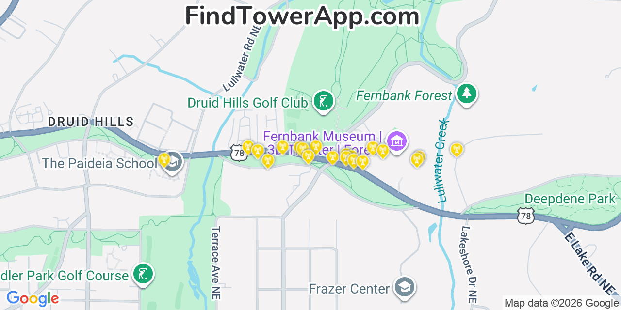 Map showing the 20 primary cell tower locations detected in Druid Hills, Georgia from AT&T, Verizon, and T-Mobile networks