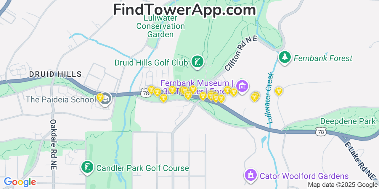 Map showing the 20 primary Mobitel cell tower locations detected in Druid Hills, Georgia with coverage radius and signal strength indicators
