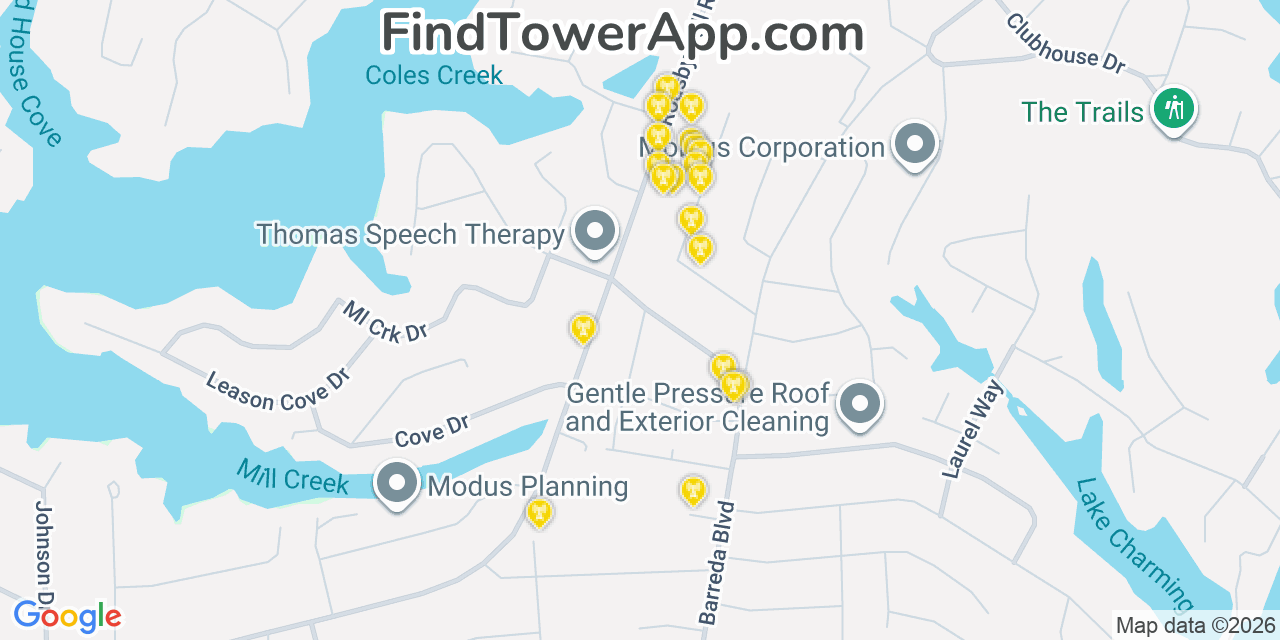 Map showing the 20 primary cell tower locations detected in Drum Point, Maryland from AT&T, Verizon, and T-Mobile networks