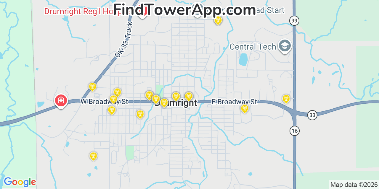 Map showing the 20 primary cell tower locations detected in Drumright, Oklahoma from AT&T, Verizon, and T-Mobile networks