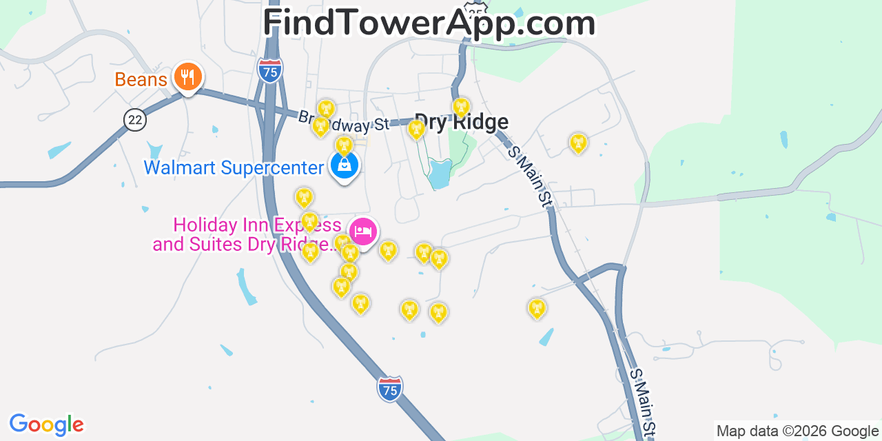 Map showing the 20 primary cell tower locations detected in Dry Ridge, Kentucky from AT&T, Verizon, and T-Mobile networks