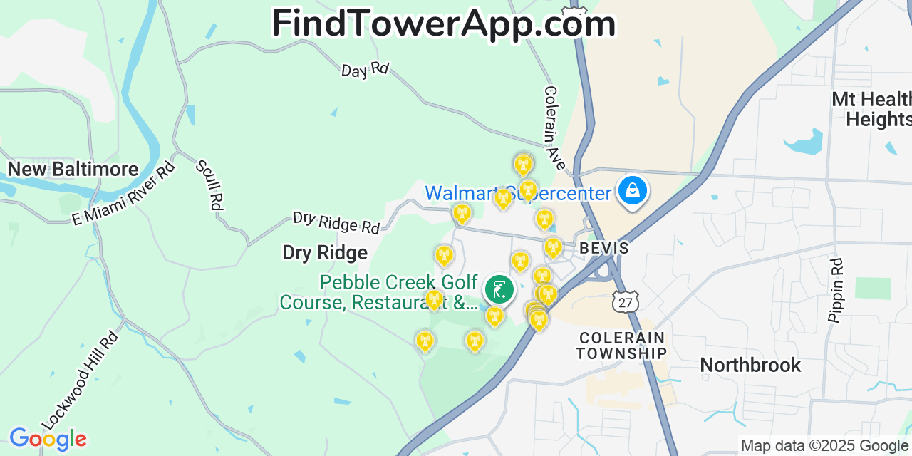 Map showing the 20 primary cell tower locations detected in Dry Ridge, Ohio from AT&T, Verizon, and T-Mobile networks