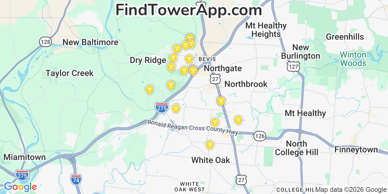 Map showing the 20 primary cell tower locations detected in Dry Ridge, Ohio from AT&T, Verizon, and T-Mobile networks