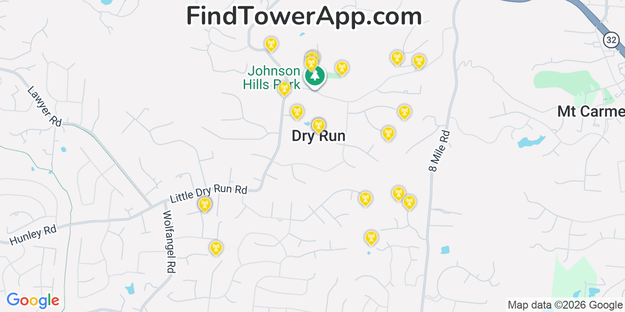 Map showing the 20 primary cell tower locations detected in Dry Run, Ohio from AT&T, Verizon, and T-Mobile networks