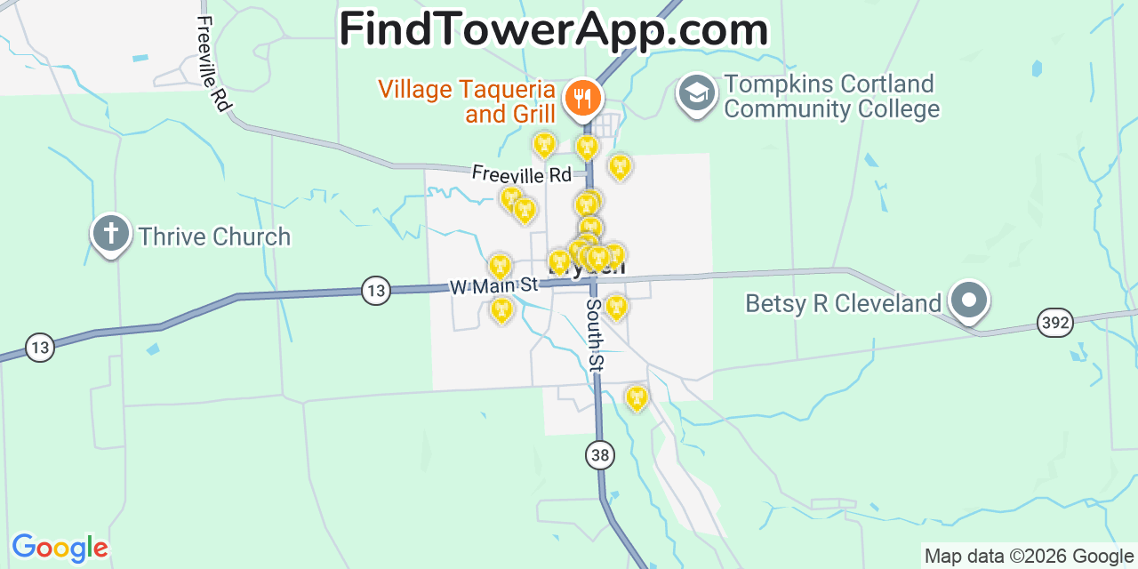 Map showing the 20 primary cell tower locations detected in Dryden, New York from AT&T, Verizon, and T-Mobile networks