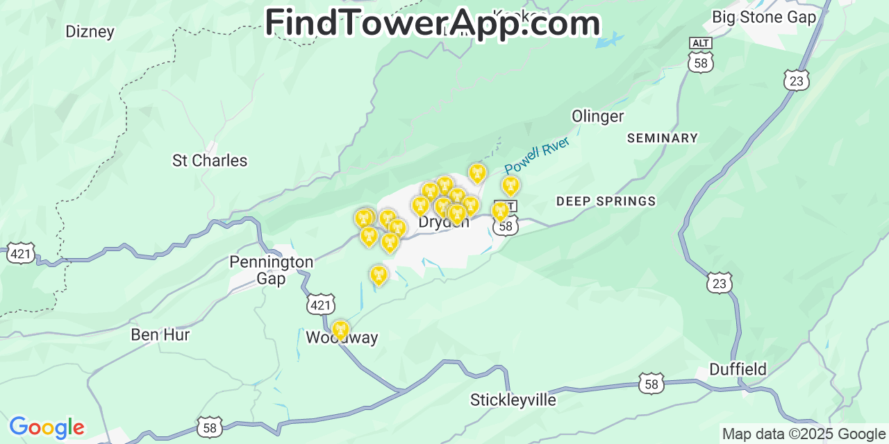 Map showing the 20 primary cell tower locations detected in Dryden, Virginia from AT&T, Verizon, and T-Mobile networks