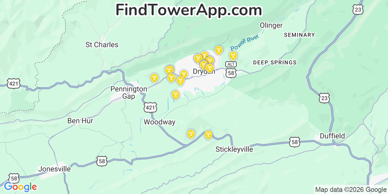 Map showing the 20 primary cell tower locations detected in Dryden, Virginia from AT&T, Verizon, and T-Mobile networks