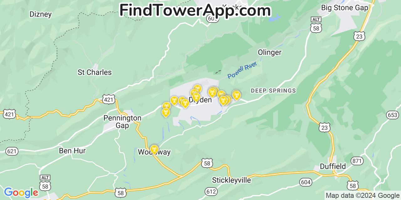 Verizon 4G/5G cell tower coverage map Dryden, Virginia