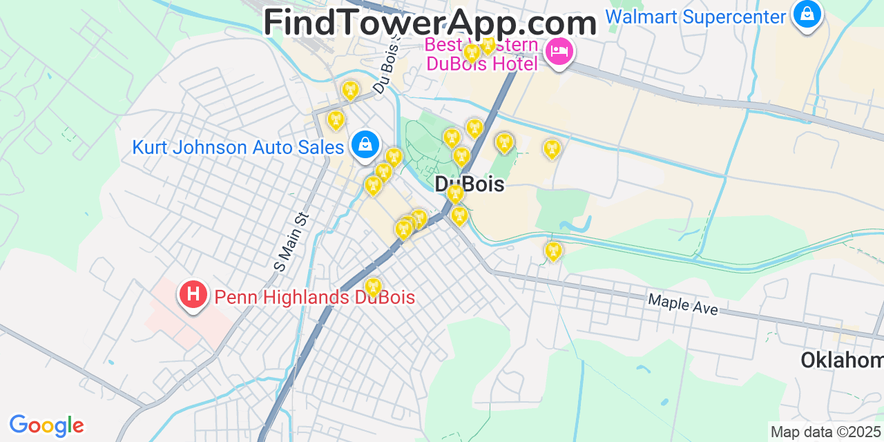 Map showing the 20 primary cell tower locations detected in DuBois, Pennsylvania from AT&T, Verizon, and T-Mobile networks