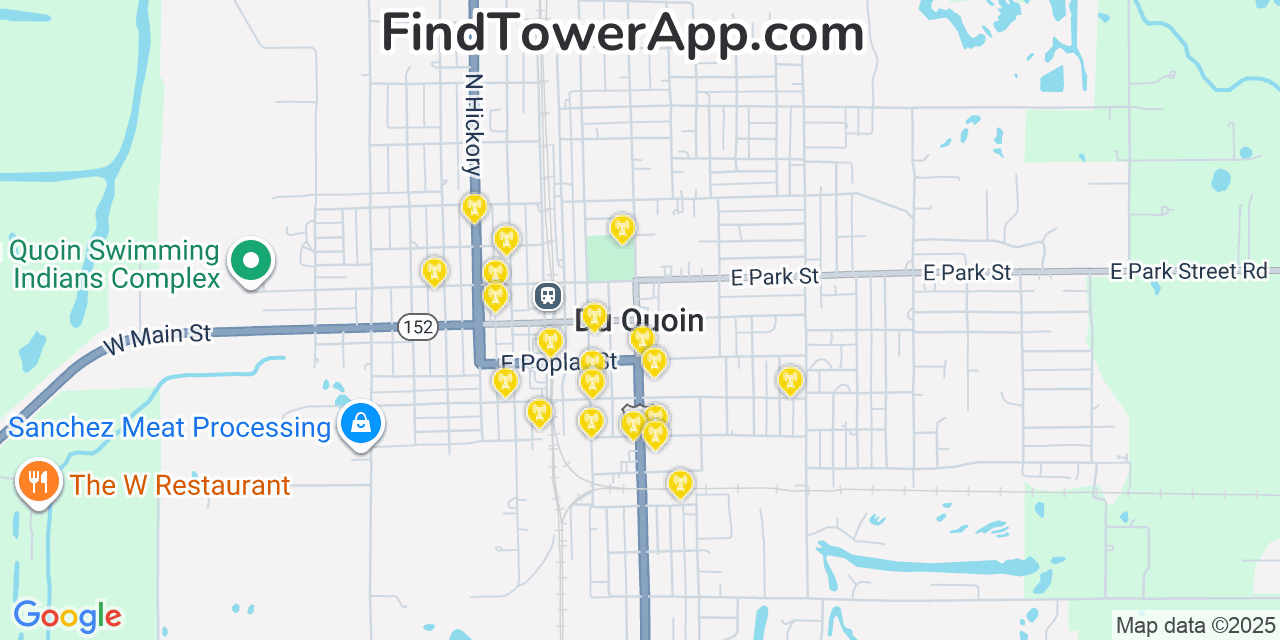 Map showing the 20 primary cell tower locations detected in Du Quoin, Illinois from AT&T, Verizon, and T-Mobile networks
