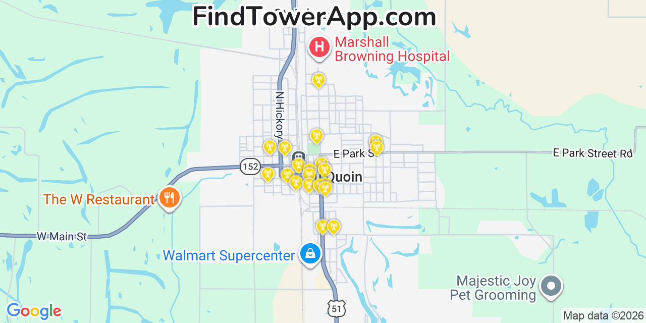 Map showing the 20 primary cell tower locations detected in Du Quoin, Illinois from AT&T, Verizon, and T-Mobile networks