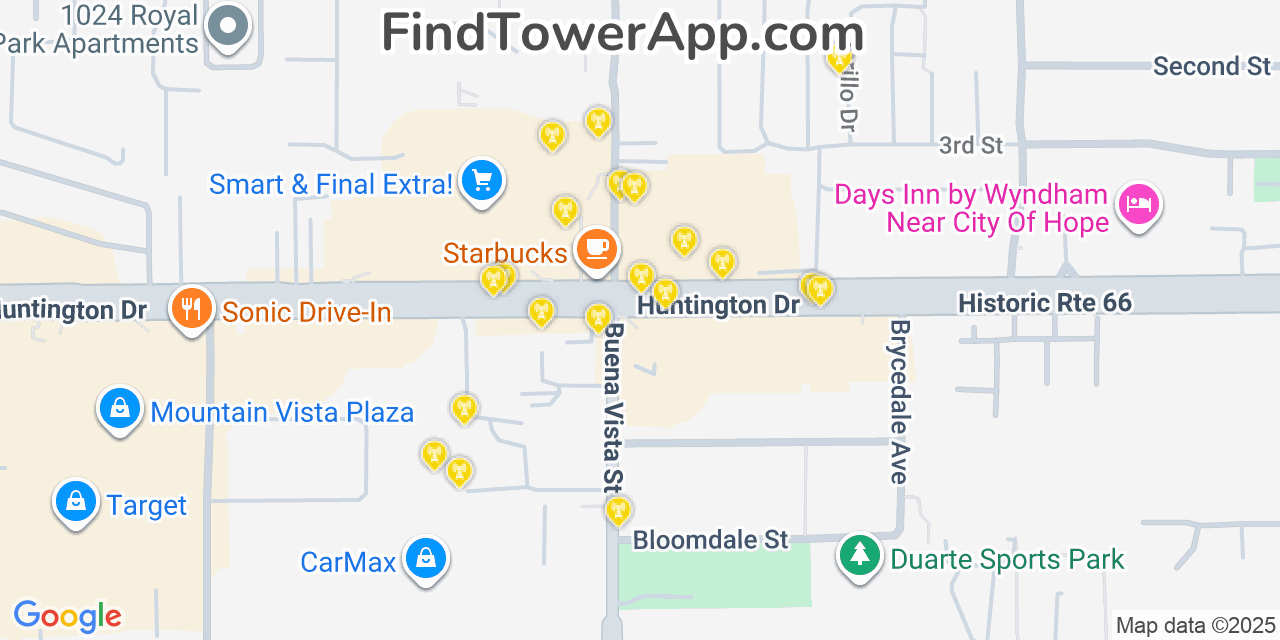 Map showing the 20 primary cell tower locations detected in Duarte, California from AT&T, Verizon, and T-Mobile networks