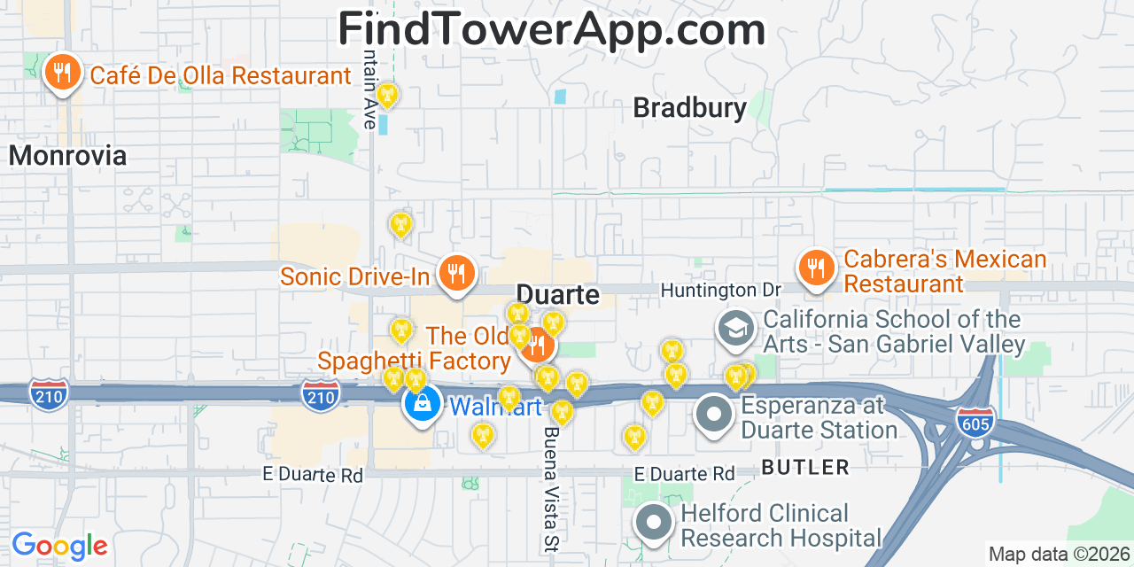Map showing the 20 primary cell tower locations detected in Duarte, California from AT&T, Verizon, and T-Mobile networks