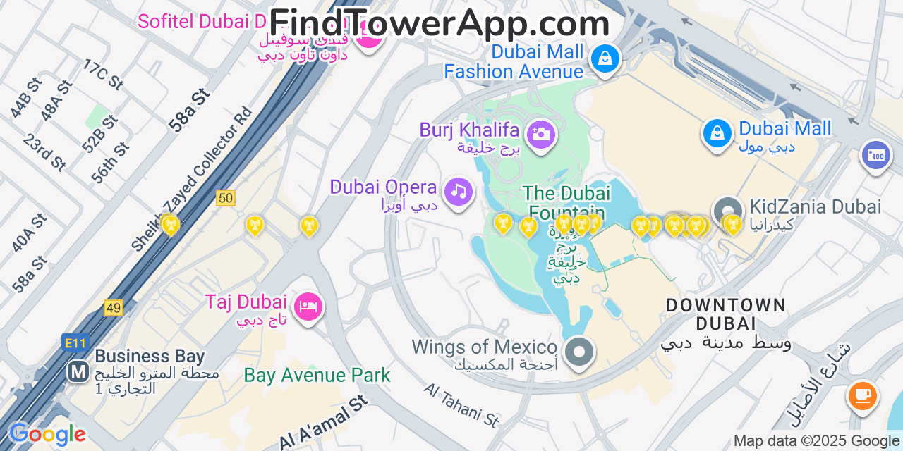 Map showing the 20 primary cell tower locations detected in Dubai, United Arab Emirates with coverage areas and signal strength