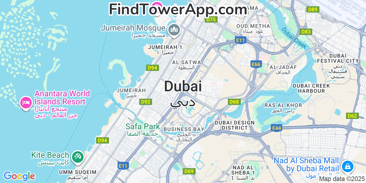 Map showing the 0 primary du cell tower locations detected in Dubai, United Arab Emirates with coverage radius and signal strength indicators