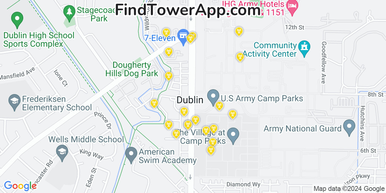 AT&T 4G/5G cell tower coverage map Dublin, California